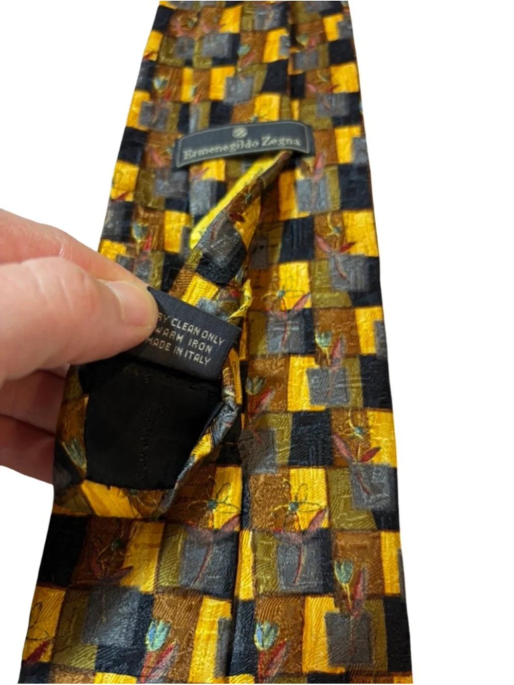 Ermenegildo Zegna Silk Tie Gold Brown Geometric Floral Made in Italy Luxury
